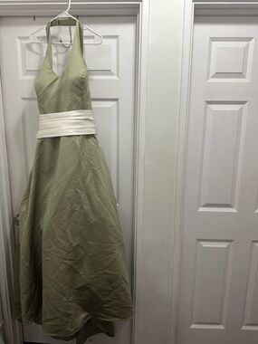 Bill Levkoff Sage Green Halter Neckline Evening Gown with Ivory Waistband